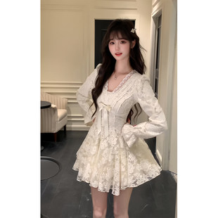 大码微胖mm法式千金感蕾丝连衣裙女秋冬甜美生日宴会公主蓬蓬短裙