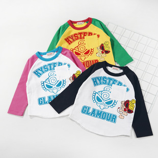 小海丽 春款男女童全棉奶嘴口袋拼色斜肩长袖T恤 儿童日系黑超