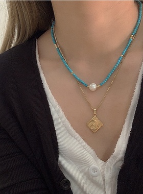 手工串珠小众设计感蓝色绿松石不规则淡水珍珠项链恶魔之眼锁骨链