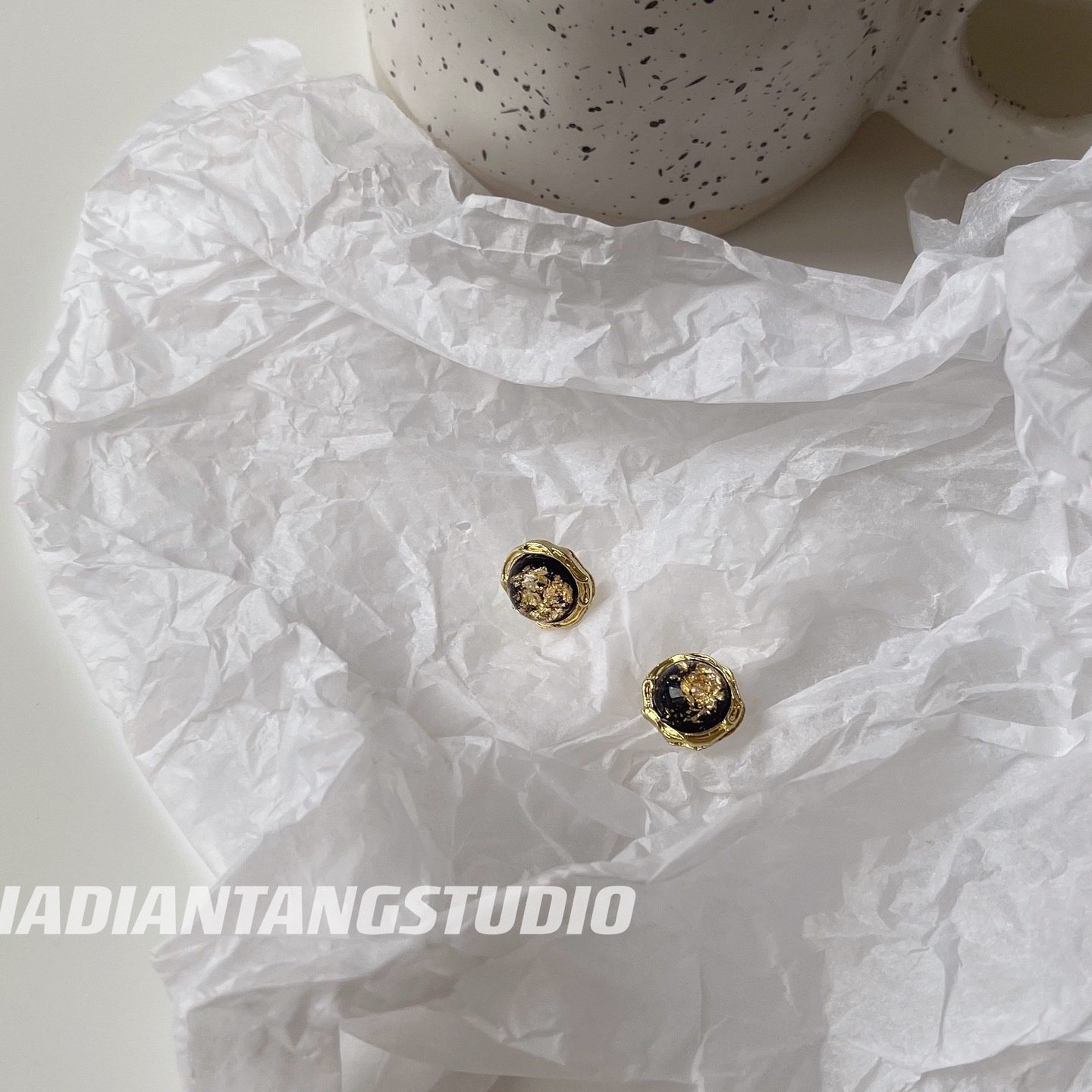 加点糖/深海碎梦 韩国复古文艺小巧圆形金箔小众设计感925银耳钉