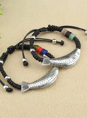 民族风手工编结锦鲤小鱼手链琉璃片复古大气女手串棉麻配饰手饰品