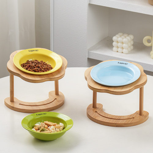 猫碗陶瓷带支架高颜值宠物碗竹木托架飞碟碗猫咪狗碗护颈餐桌