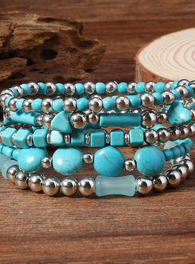 新款西部牛仔手链个性u形仙人掌牛仔帽绿松石串珠弹力手串