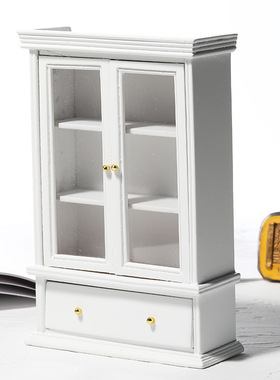 1:12娃娃屋dollhouse袖珍食玩diy家具白色双门玻璃柜模型工艺品