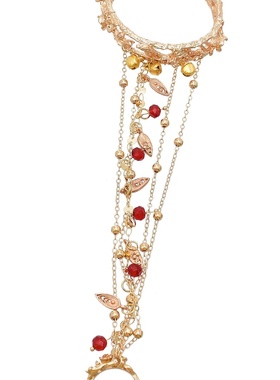 敦煌飞天手镯复古红色珠子镀金手链多层串珠铃铛戒指手环一体链女