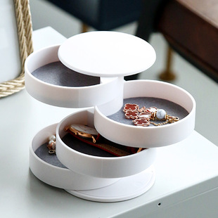 欧品四层饰品首饰盒圆形耳环项链带化妆镜旋转小物件收纳盒防尘