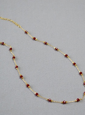 日韩小众简约复古朱砂红色刻面尖晶黄铜镀金时尚气质项链锁骨链女