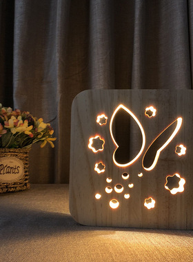 实木雕刻动物木质小夜灯蝴蝶创意台灯圣诞礼物FS-T1820W