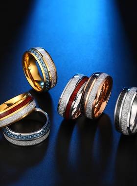 钛钢镶嵌银箔片碳纤维木片皮戒指