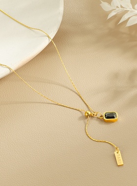 轻奢复古祖母绿项链女白色黑色方形锆石精致气质简约可调节链条项