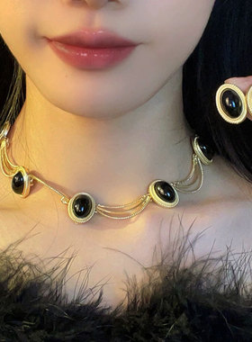 复古宫廷黑色宝石项链夸张气质颈链锁骨链新款中古毛衣链