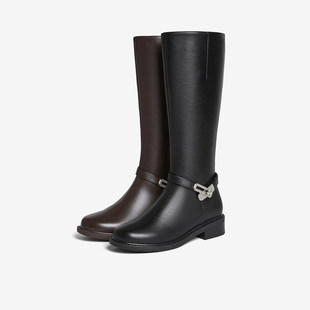 百思图2025冬季 质感牛皮靴骑士靴通勤加绒高筒女长靴K5131DG5 新款