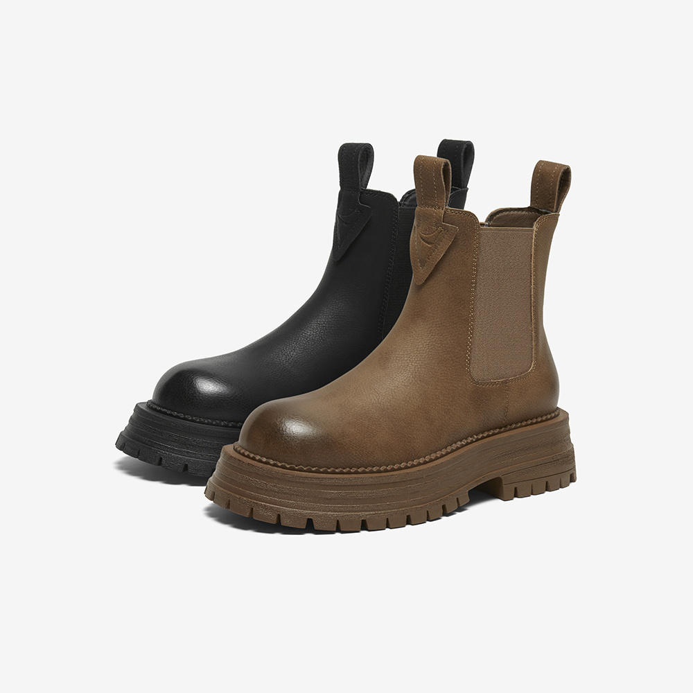 百思图23冬季商场新款时尚加绒菸筒靴切尔西靴及踝女短靴ID155DD3