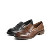 百丽复古褶皱乐福鞋 子B2693CA5 黑色小皮鞋 女25新款 平底深口单鞋