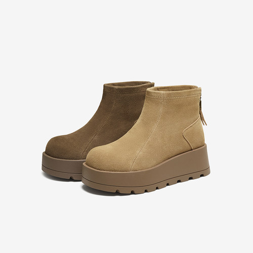 百思图2025冬商场新款真皮厚底雪地靴加绒保暖棉鞋女短靴F5101DD5