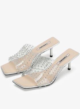 73hours女鞋揉碎银河2025夏款高跟拖鞋外穿方头细跟凉拖AAH24BT5