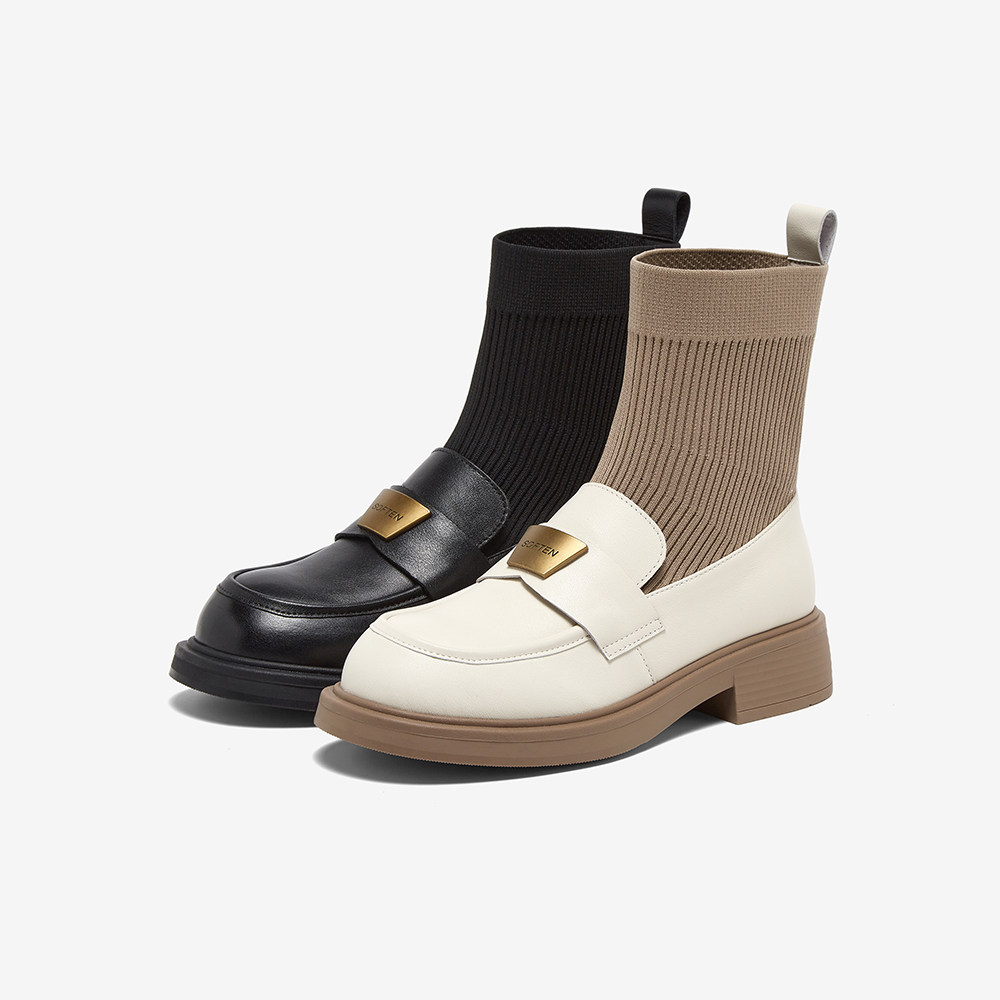 百思图2024秋冬商场新款休闲厚底乐福弹力袜靴粗跟女短靴C4303DD4