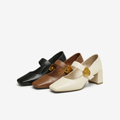 百思图2025春季 M1509AQ5 粗跟方头女单鞋 新款 复古通勤玛丽珍鞋