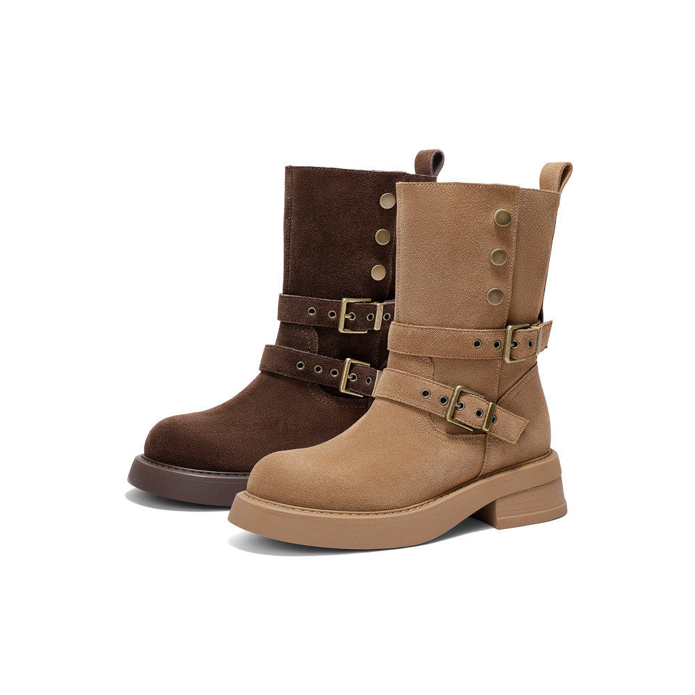 森达西部牛仔靴女2025冬新商场同款牛皮堆堆靴皮带扣短靴XVV01DZ5
