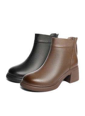 森达超软羊皮短靴2025冬季新款商场同款简约粗高跟休闲靴XRN01DD5