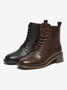 Bata英伦风马丁靴女2024冬季新款牛皮牛皮粗跟纹理短筒靴48017DD4