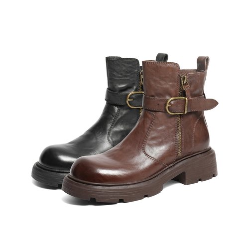 百丽真皮厚底时装靴通勤女冬季新款棉鞋显瘦加绒短靴子F2P1DDZ5