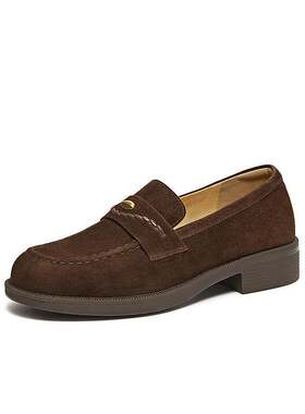 百思图2026春季新款英伦绒面超软羊皮乐福鞋小皮鞋女单鞋O2839AA6