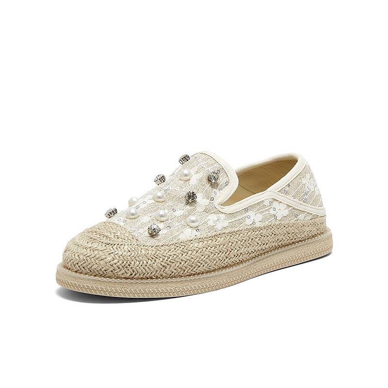 百思图2024秋新款珍珠小香风草编渔夫鞋平底女一脚蹬单鞋BL332CA4