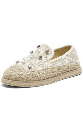 百思图2024秋新款珍珠小香风草编渔夫鞋平底女一脚蹬单鞋BL332CA4