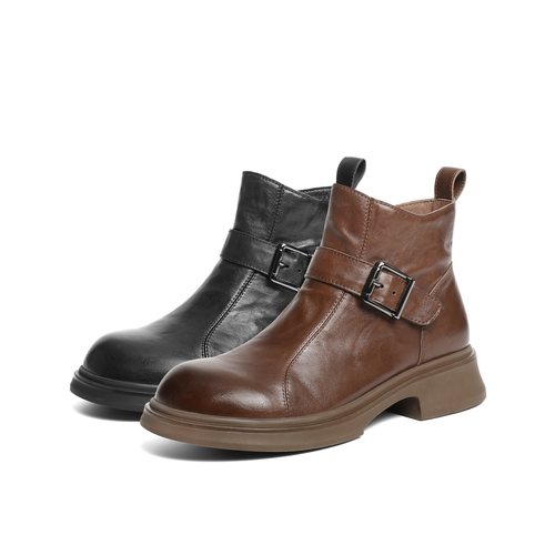 百丽黑巧靴抓皱真皮时装靴加绒新款黑色切尔西靴短筒靴E8P1DDD5