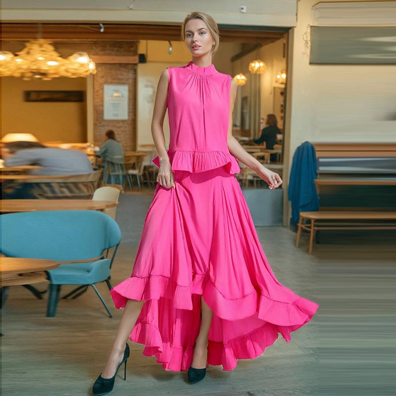 suit two-piece color solid ruffled vest sleeveless suit