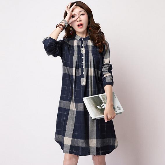Plaid cotton and linen plus size women's long sleeve shirt