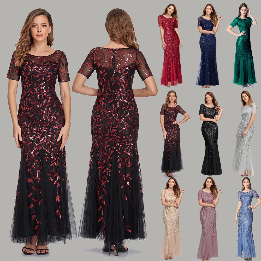 Banquet host slim mesh sequined evening dress fishtail
