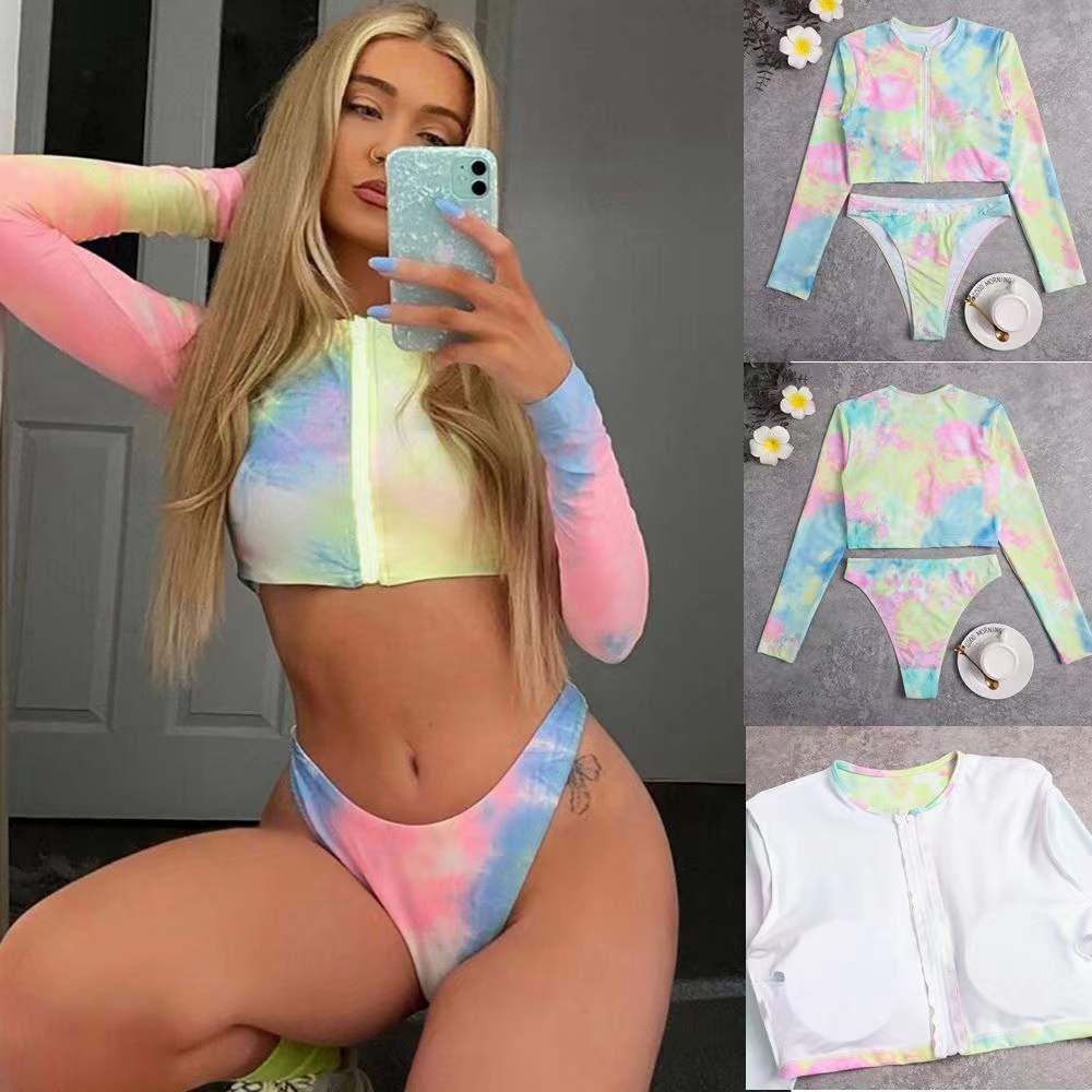 Two-piece sexy multi-color zipper three-point tie-dye