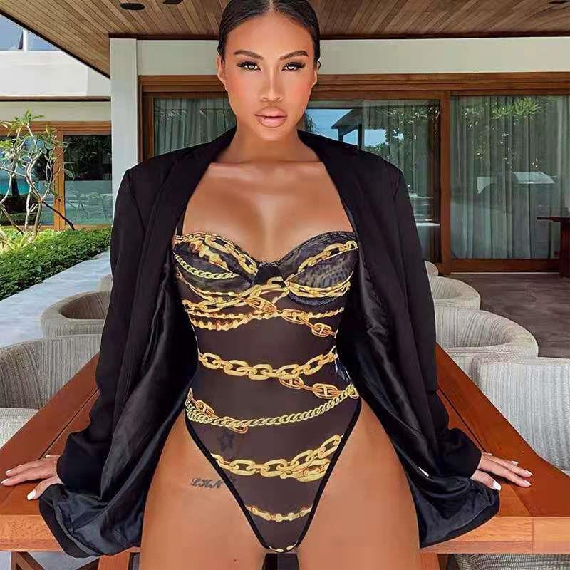 chain for print bathing up beach swimwear with skirt push