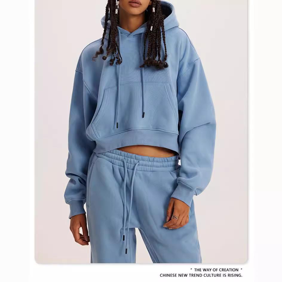 Womens hooded two round suit long sleeve piece neck top