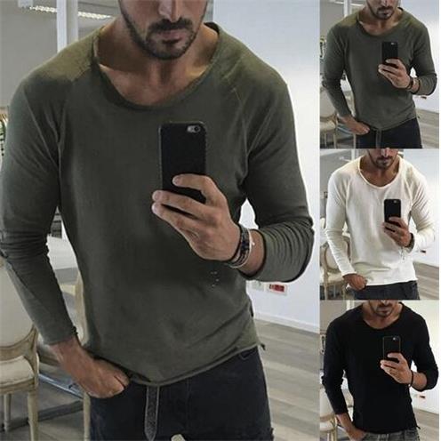 T-shirt mens sleeve long color solid edge raw slim
