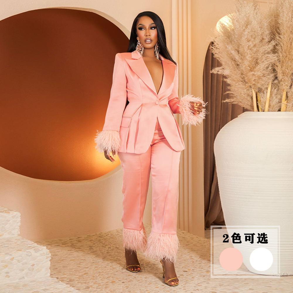 feathers long blazer two party suits women pants waist sets