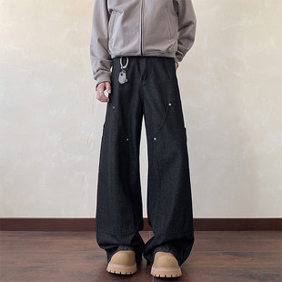 秋季 牛仔裤 弯刀裤 工装 美式 裤 男设计感铆钉伐木裤 子直筒宽松阔腿裤