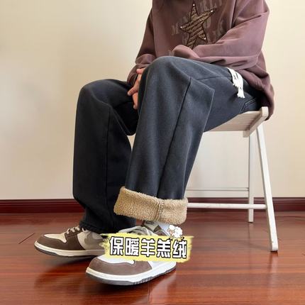 牛仔裤男款冬季加绒加厚弹力宽松阔腿裤男士直筒休闲长裤vibe裤子