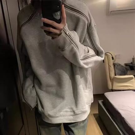 美式复古重磅拉链cleanfit卫衣男款秋季加绒小众设计潮牌高街外套