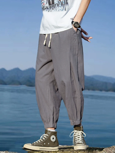 Летние тонкие китайские штаны, подсветка пола, фонарь, китайский стиль, из хлопка и льна, свободный крой, большой размер