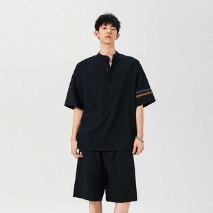 两件套 亨利领短袖 t恤男青少年痞帅宽松夏季 套装 轻奢风高级感男装