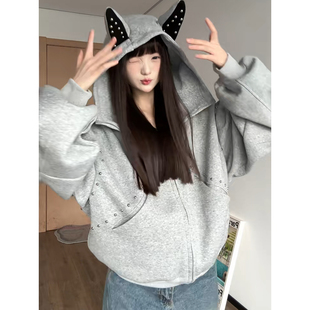 杜宾犬情侣卫衣美式 潮牌宽松设计感铆钉上衣 重磅开衫 连帽外套秋季