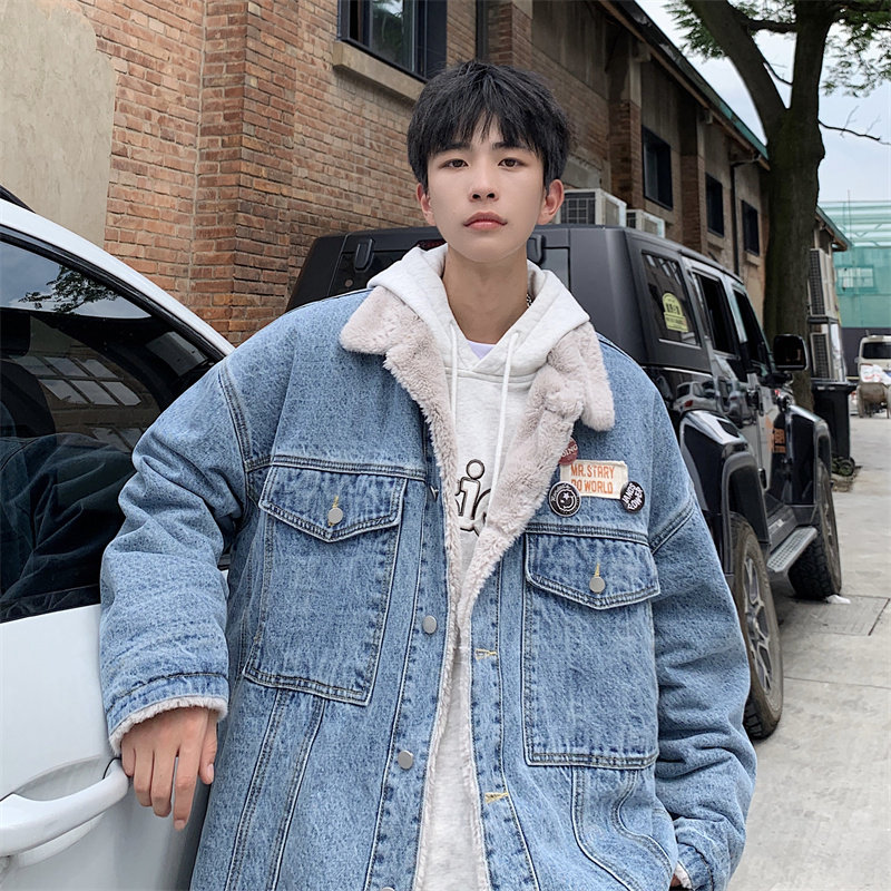 美式复古牛仔棉服男冬季加厚毛领保暖棉衣外套羊羔绒翻领工装夹克