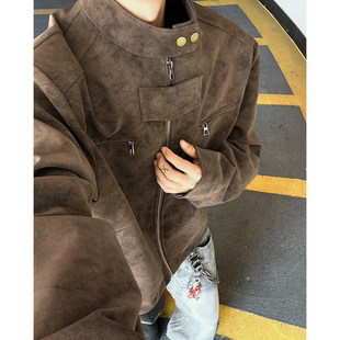 美式 外套 复古扎染机车皮衣男高级感痞帅立领PU皮夹克潮牌宽松工装