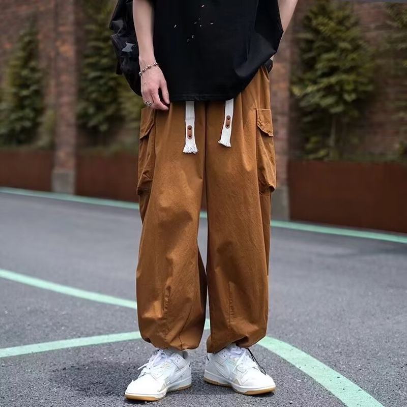 日系百搭工装裤男夏季宽松直筒咖啡色休闲裤子韩版潮牌束脚九分裤