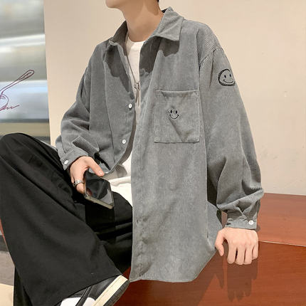 笑脸印花灯芯绒衬衫男长袖春季加绒加厚外套日系潮流宽松复古衬衣