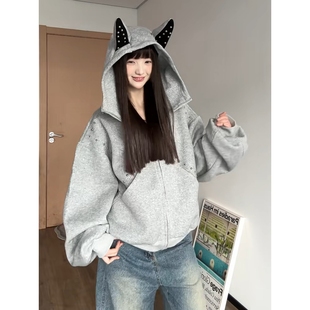 500g重磅开衫 杜宾犬耳朵连帽外套女 卫衣男设计感铆钉上衣秋季 新款