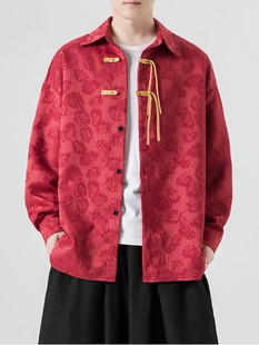 新中式男装中国风唐装男款红色衬衫外套民族汉服上衣古风大码衣服